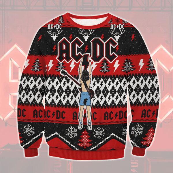 ACDC Angus Young Hold Lightning Gifts For Family Holiday Christmas Ugly Sweater