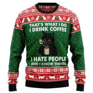 Black Cat Drink Coffee Gifts For Family Holiday Christmas Ugly Sweater, Xmas Gifts