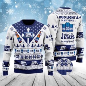 Bud Light In My Veins Jesus In My Heart Gifts For Family Holiday Christmas Ugly Sweater