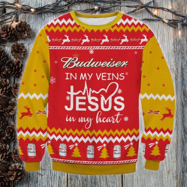 Budweiser In My Vein Best Holiday Christmas Ugly Sweater Gifts For Family