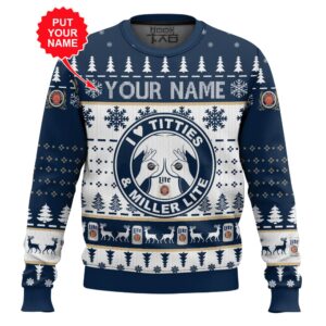 Custom Name Miller Lite Titties Funny Best Holiday Christmas Ugly Sweater Gifts For Family