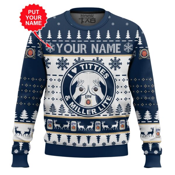 Custom Name Miller Lite Titties Funny Best Holiday Christmas Ugly Sweater Gifts For Family