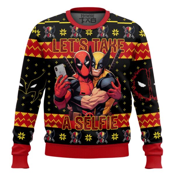 Deadpool and Wolverine Let’s Take A Selfie Best Holiday Christmas Ugly Sweater Gifts For Family