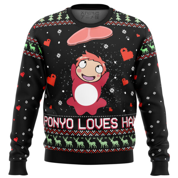 Ghibli Ponyo Loves Ham Gifts For Family Holiday Christmas Ugly Sweater