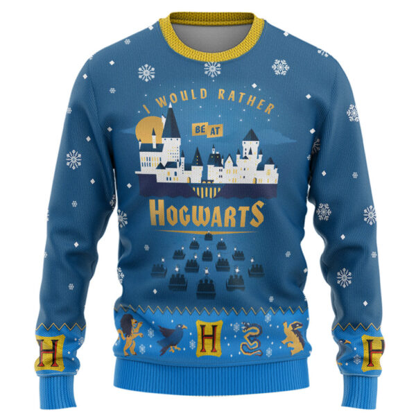 Harry Potter Would Rather Be At Hogwarts Ugly Christmas Custom Best Holiday Christmas Ugly Sweater Gifts For Family