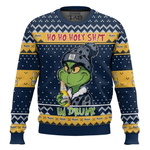 Ho Ho Holy Shit Im Drunk Modelo Grinch Best Holiday Christmas Ugly Sweater Gifts For Family