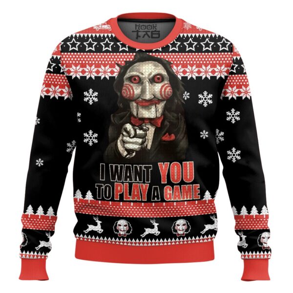 I want to play a game Jigsaw Saw Best Holiday Christmas Ugly Sweater Gifts For Family