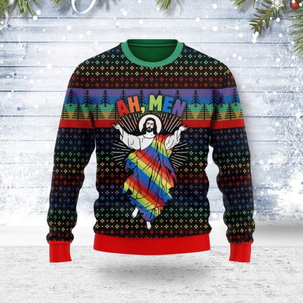 Jesus Ah Men LGBTQ Gifts For Family Holiday Christmas Ugly Sweater