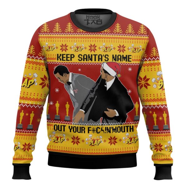 Keep Santa’s Name Out Your Mouth Smith Slaps Chris Rock Meme Best Holiday Christmas Ugly Sweater Gifts For Family