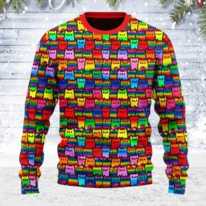 LGBTQ Rainbow Flag Cat Gifts For Family Holiday Christmas Ugly Sweater