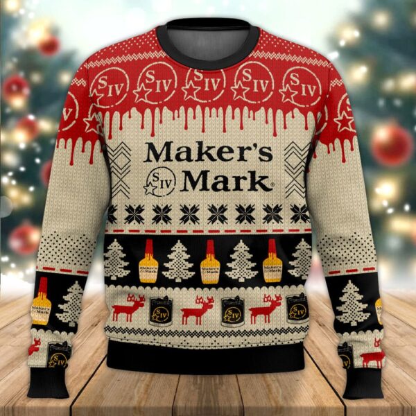 Maker?s Mark Bourbon Whisky Pine Tree And Reindeer Gifts For Family Holiday Christmas Ugly Sweater