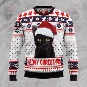 Meowy Christmas Cat With Santa Hat Gifts For Family Holiday Christmas Ugly Sweater