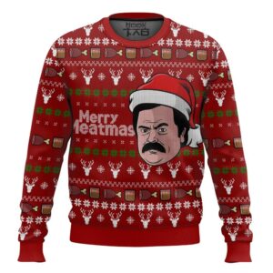 Merry Meatmas Ron Swanson Parks and Recreation Best Holiday Christmas Ugly Sweater Gifts For Family