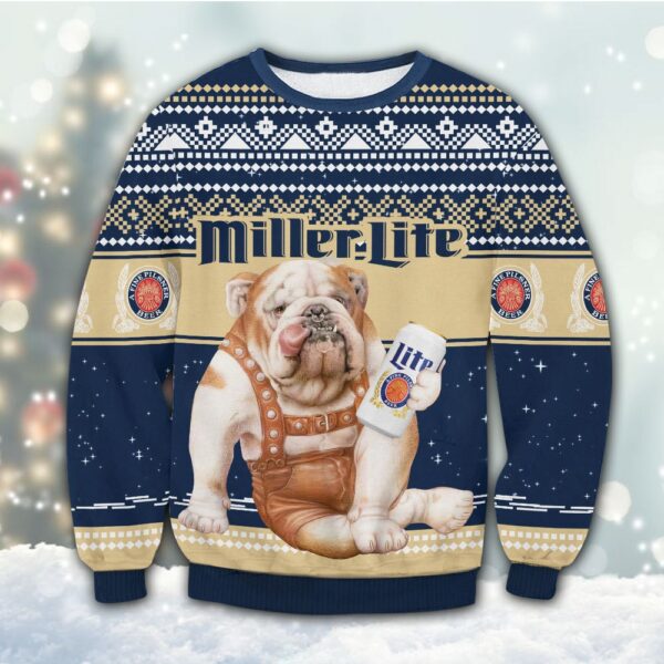 Miller Lite Bulldog Best Holiday Christmas Ugly Sweater Gifts For Family