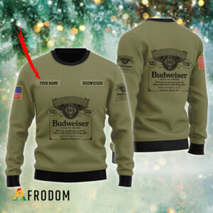 Personalized Budweiser Flag Military Green Best Holiday Christmas Ugly Sweater Gifts For Family