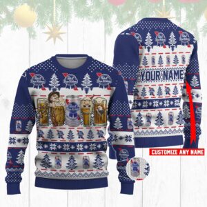 Personalized Pabst Blue Ribbon Horror Drink Best Holiday Christmas Ugly Sweater Gifts For Family