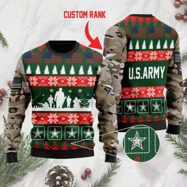 Personalized Rank US Army Best Gifts For Family For Holiday Christmas Ugly Sweater