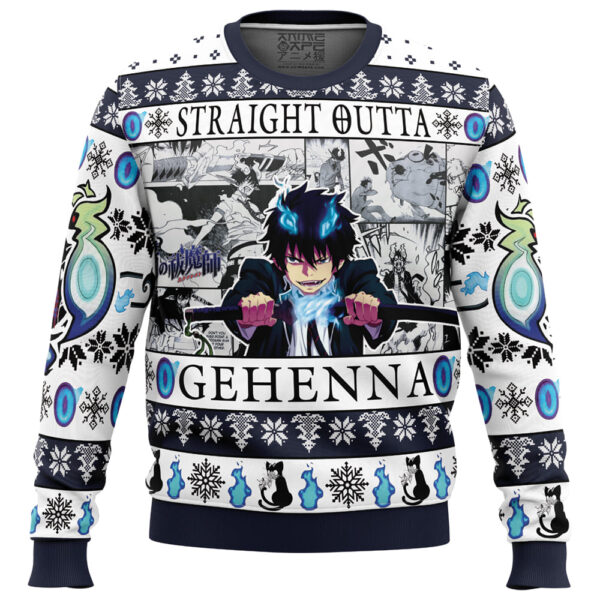 Straight Outta Gehenna Blue Exorcist Gifts For Family Holiday Christmas Ugly Sweater