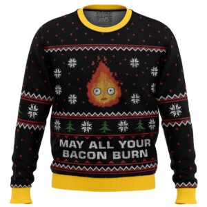 Studio Ghibli May All Your Bacon Burn Calcifer Gifts For Family Holiday Christmas Ugly Sweater