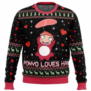 Studio Ghibli Ponyo Loves Ham Miyazaki Gifts For Family Holiday Christmas Ugly Sweater