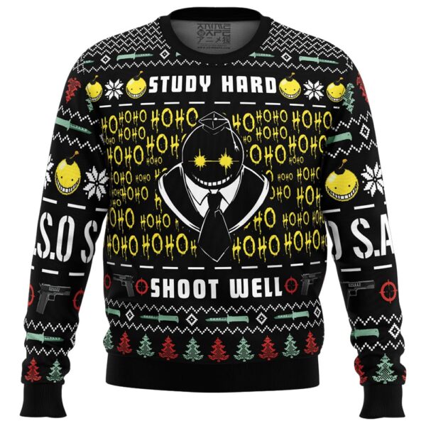 Study Hard Shoot Well Assassination Classroom Gifts For Family Holiday Christmas Ugly Sweater