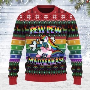 Unicorn LGBT Pew Pew Gifts For Family Holiday Christmas Ugly Sweater