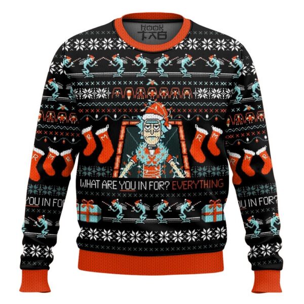 What Are You In For Everything Rick And Morty Best Holiday Christmas Ugly Sweater Gifts For Family